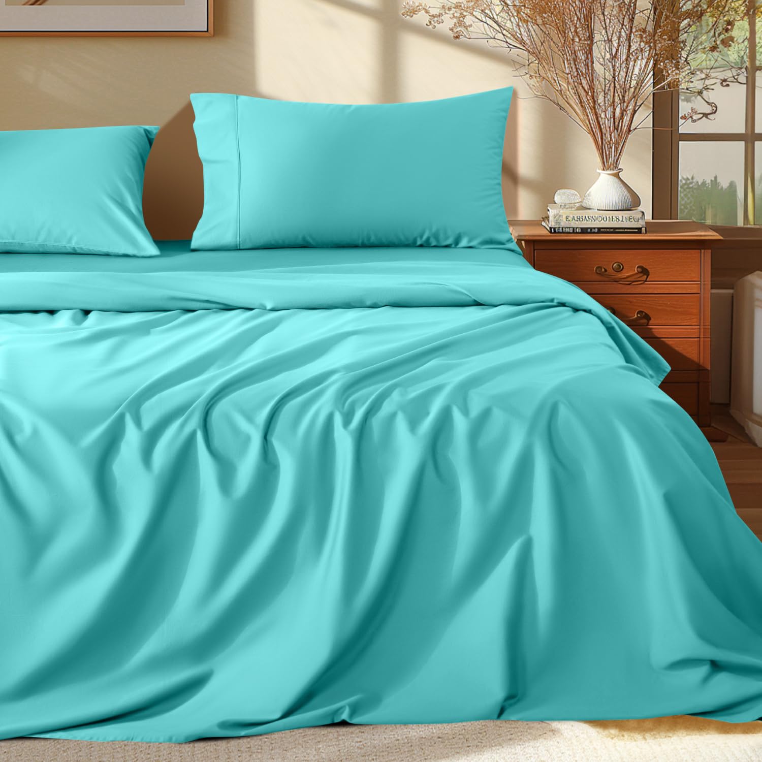 Shilucheng 100% Egyptian Cotton Sheets Set - 1000 Thread Count,Luxury Cotton Bed Sheets,Breathable & Cooling Bedding And Pillow Cases, 16 Inch Deep Pocket - 4 Piece (California King, Seafoam)